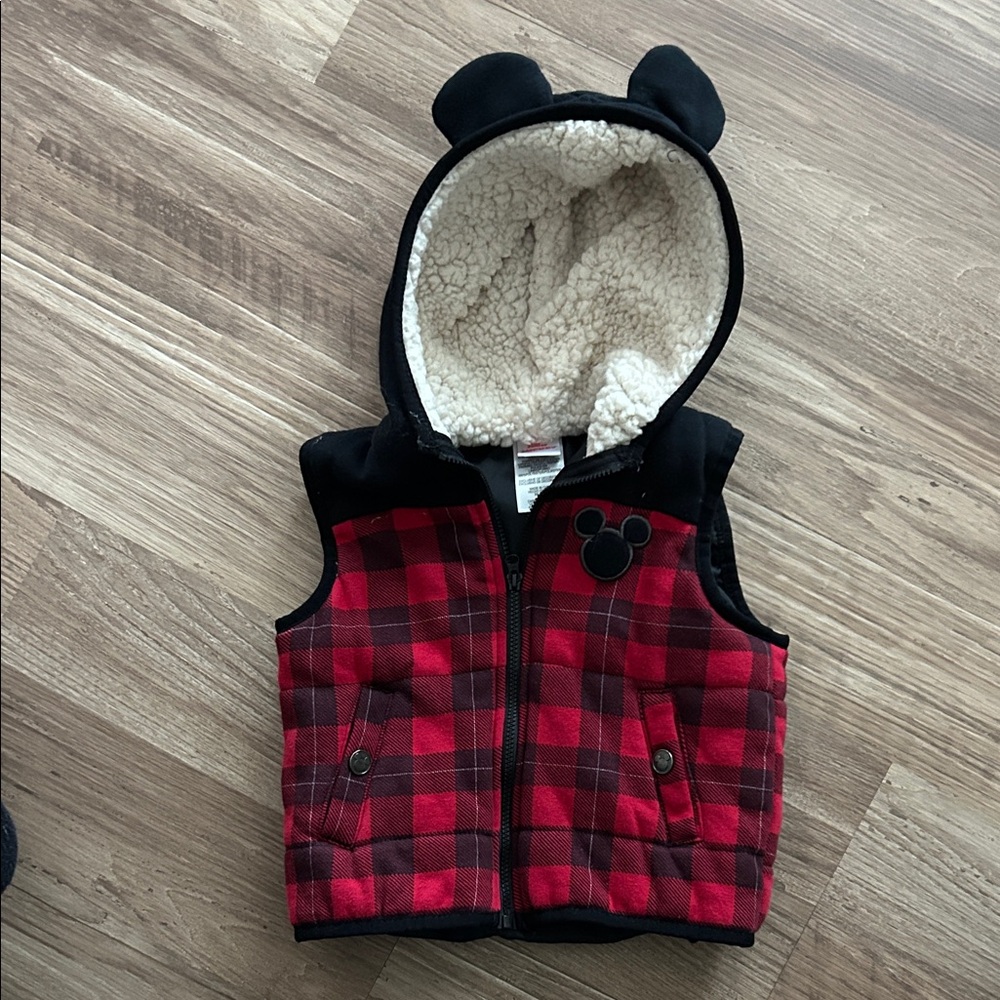 Disney Mickey Mouse Kids Red and Black Plaid Vest with Ears-18M
